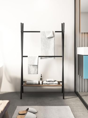 Freestandingtowelstandquiltrackwithshelf2tiermetaltowelholderforbathroomblanketladderdisplaystandfloorstandingtowelracksvart Urban Country Home Decor Freestanding towel stand quilt rack with shelf 2 tier metal towel holder for bathroom blanket ladder display stand floor standing towel rack svart urban country home decor