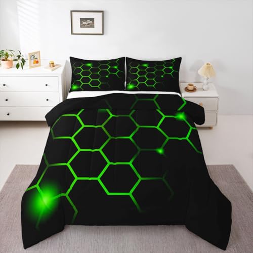 Feelyou Hexagonal Comforter Set Geometric Honeycomb Bedding Set for Kids Adults Neon Green Black Comforter Modern Hexagon Beehive Quilt Set Ultra Soft Room Decor King Size Bedroom Collection 3Pcs