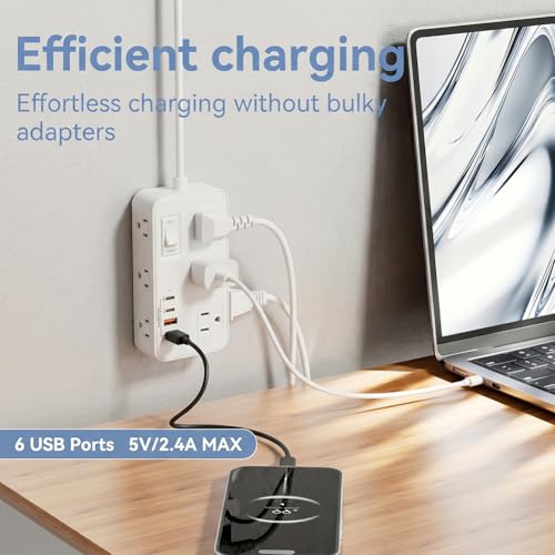 Extensión eléctrica estándar US con 6 tomas, puertos Tipo C y USB, cable de 1.5 m, estación de carga inteligente portátil para hogar y oficina, blanco miniatura 5