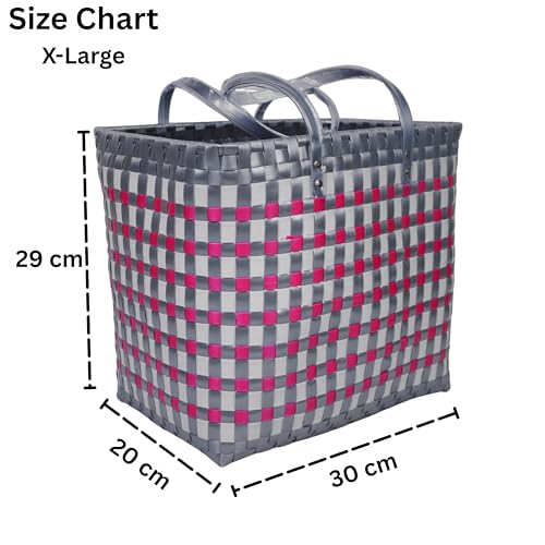 Image of Hand Made Multipurpose Plastic Basket with Lid | Eco-Friendly, Washable, Rust-Free Storage Basket for Kitchen, Picnic, Toys, Travel, Office | Lightweight basket (Pink with Grey, XL)