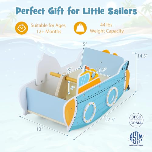 Costzon Kids Rocking Boat, Pirate-Themed Indoor Playset for Kids with Safety Stop Blocks, Montessori Wooden Play Center Toddler Play Equipment, Sensory Activity Climber for Toddler (Blue)