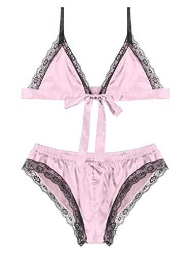 AGJGFM Men's Shiny Stain Lace Trim Cami Top with Shorts 2 Piece Set Sexy Lingerie Sissy Pajama Set3