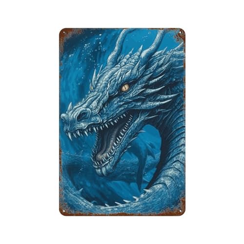 Décoration murale métal dragon bleu rétro : tableau en étain suspendre salon bureau et bar