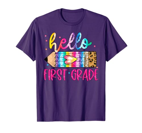 Hello First Grade Leopard Tie Dye Pencil Shirt Cute Teacher T-Shirt for Men Women Girls Kids