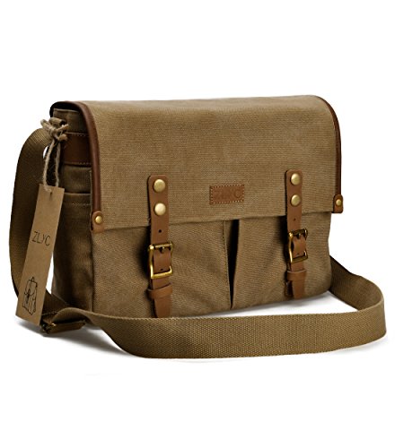 Image of ZLYC Canvas Leather DSLR SLR Vintage Camera Messenger Bag, Khaki