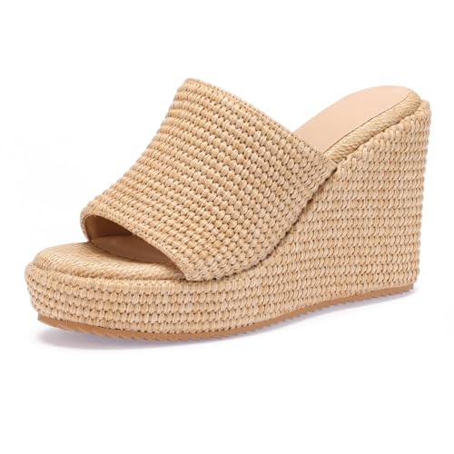VICKI·VICKI Women's Raffia Wedges Platform Sandals Wedge Slide Open Toe