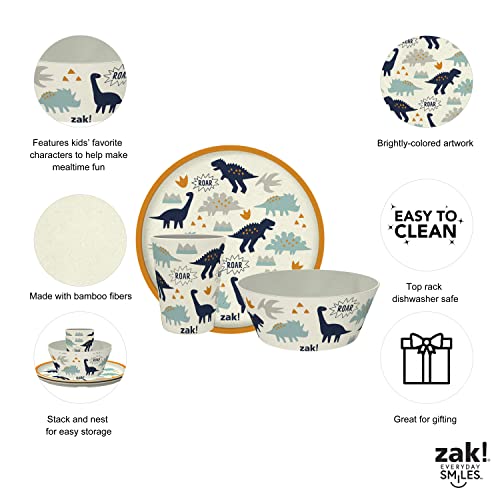 Zak Designs Kids Dinnerware Set 3 Pieces, Durable And Sustainable Melamine Bamboo Plate, Bowl, And Tumbler Are Perfect For Dinner Time With Family (Zaksaurus) #TOP1