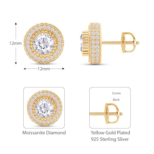 SAVEARTH DIAMONDS Moissanite Stud Earrings 2.50Ct,14K Gold Plated 925 Sterling Silver Screw Back, Lab Created Round Cut Brilliant D Color VVS1 Clarity Moissanite Diamond Earrings Studs for Women Men2