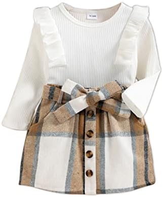 PATPAT 2Pcs Toddler Girl Trendy Ruffled Ribbed Long-sleeve Tee and Plaid Button Design Plaid Skirt Set White 3-4 Years