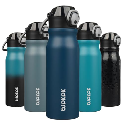 Image of BJPKPK 25 oz Insulated Water Bottle, Straw, Handle, Stainless Steel Flask | Leak Proof Locking Lid, Thermal, Double Wall Vacuum, Keeps Hot /Cold, BPA Free, Dishwasher Safe, Travel & Sports, Navy Blue