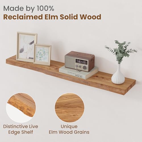 Image of Floating Shelves for Wall Decor, Rustic Solid Elm Wood Live Edge Floating Shelves Wall Mounted, Wall Shelves with Invisible Bracket for Living Room Bathroom Bedroom Kitchen, 40 Inch Set of 1, Natural