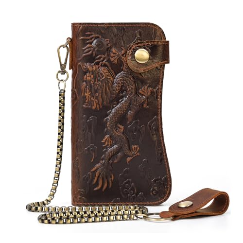 Portefeuille long vintage en cuir pleine fleur marron et sa chaîne robuste