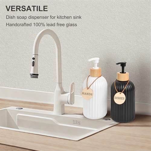 Image of 2 Pack ViserVita Glass Hand Soap Dispenser Set with Bamboo Pump, Elegant Refillable Liquid Dish Soap Dispenser, Perfect for Kitchen Sink and Bathroom Decor