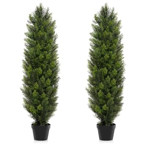 Two Pack 5ft Artificial Cedar Topiary Trees, Outdoor Faux Pine Shrubs Arborvitae Plants 60 Inch UV Rated, Anti-Fading, Lasting Evergreen for Indoor, Front Porch, Office Decor Cover