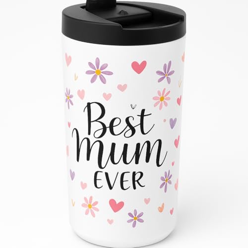 by Andie “Best Mum Ever” Travel Coffee Tumbler – Double Wall Stainless Steel, Leak-Proof Lid, 400 ml White – Reusable, Keeps Warm 3 h Cold 6 h, for Mum, Birthday & Christmas