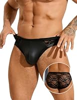 ohmydear Herren Leder String Tanga Männer PU-Leder Unterhosen Sexy Spitze Unterwäsche in Große Größen Transparent Men Brief Kunstleder Tanga Dessous Schwarz L