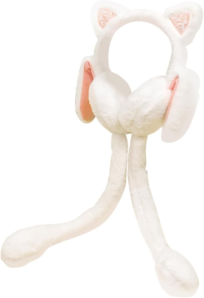 Furry Bunny Ear Warmer Earmuffs Winter Ear Cover for Women, White Plush Cold Weather Protection, One Size
