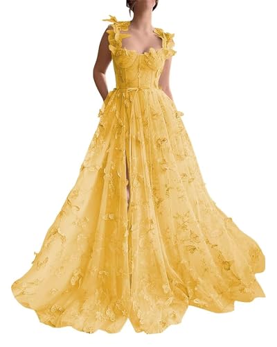 Robe de bal tulle broderie papillon 3D et dentelle haut de gamme coloris doré