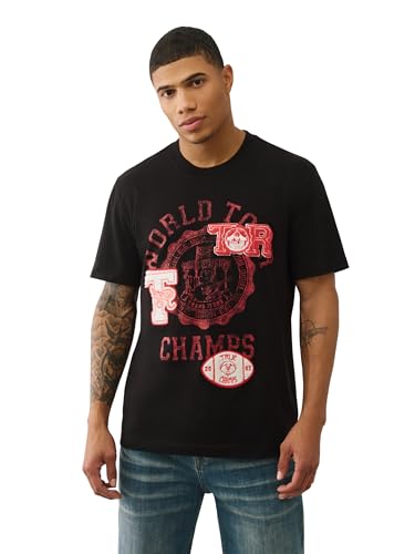 True Religion SS World Tour Champs Tee – Men’s Graphic T-Shirt in 100% Cotton, Crew Neck Short Sleeve Shirt | Jet Black, X-Large