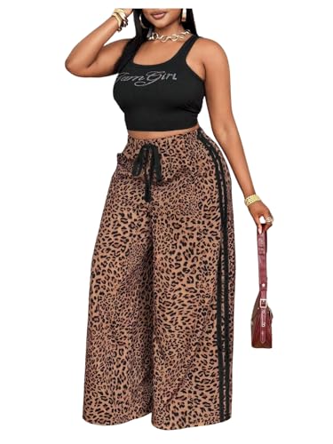 BEAUDRM Women's Plus Size Leopard Baggy Pants Y2k Stripe Cheetah