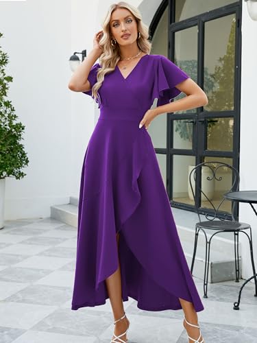 Image of Long Black Formal Dresses for Women Gowns Evening Party Cocktail Dress,Split Elegant V Neck Wrap Ruffle Wedding Guest Dresses