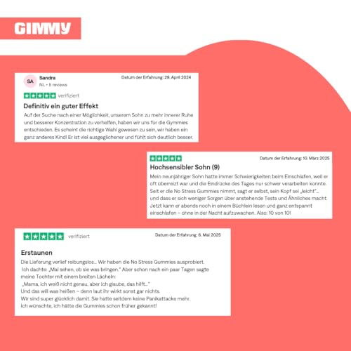 GIMMY No Stress Gummies – Nahrungsergänzungsmittel zur Stressreduktion mit Zitronenmelisse, L-Theanin, GABA und Folsäure (Vitamin B11). – Vegan, zuckerfrei und glutenfrei (60 Stück)