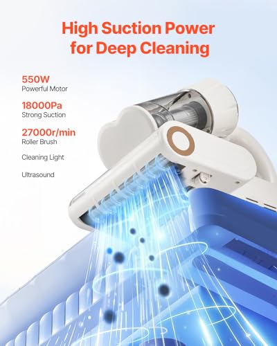 Image of VEVOR Mattress Vacuum Cleaner, 550W Bed Vacuum Cleaner with 18Kpa Powerful Suction and Dual Dust Bin, HEPA Filter & Heating, Ultrasound Tech & Cleaning Lights, Handheld for Bed, Sofa, Corded, White