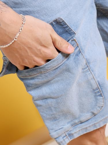 Image of The Indian Garage Co Men Relaxed Fit Solid Mid-Rise Denim Cargo Shorts