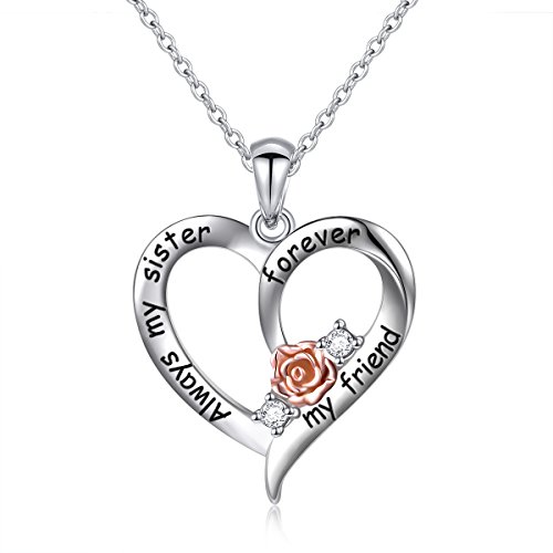 Sterling Silver Always My Sister Forever My Friend Rose Flower Love Heart Necklace