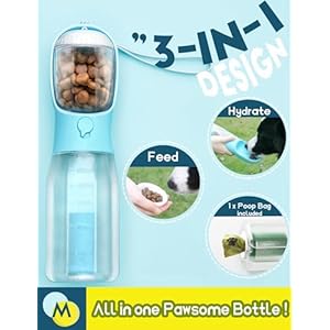 Portable dog water bottle 3 in 1 dog travel water bowl with food container poop bag holder pet water dispenser summer outdoor walking hiking accessories for large dog blue 20oz  urban country home decor