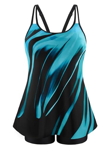 NIeyook Modest Swimsuits for Women Hide Belly 2025 High Waisted Tankini Bathing Suits Conservative Long Torso Swim Tops with Boyshorts Cutout Charming Trendy Swimwear -Blue and Black Gradient/Small