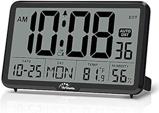 WallarGe Auto Set Digital Wall Clock Battery Operated,Desk Clocks with Temperature,Humidity and Date,Large Display Digital Calendar Alarm Clock for Elderly,Bedroom,Office,8 Time Zone, Auto DST.