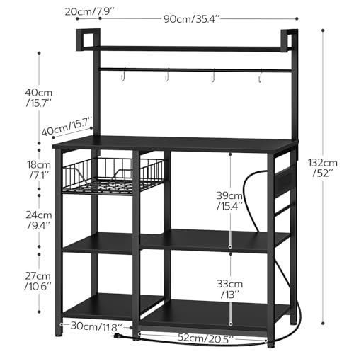 HOOBRO Kitchen Bakers Rack with Power Outlet, Coffee Bar, Microwave Oven Stand with Mesh Basket, Coffee Station with 4 S-Shaped Hook, Kitchen Shelf, for Kitchen, Living Room, Black BB05HB01 - Image 4