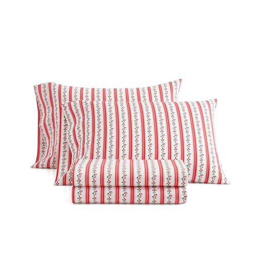 Image of Martha Stewart - Full Size Sheets Set, Crisp & Tailored Cooling Sheets w /a Naturally Smooth Cotton Percale Lightweight Feel - Bed Sheets with Matching Pillowcases & Fitted Sheet (Rose Ribbon Red)