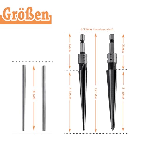 Treki 2 Stück Handlich Konische Reibahle mit T-Griffe Stahl Kegelreibahle zum Bohren Loch 3-13mm und 5-16mm, Kegel Handreibahle mit Sechskantschaft für Gitarre Holzarbeiter Bohrwerkzeug