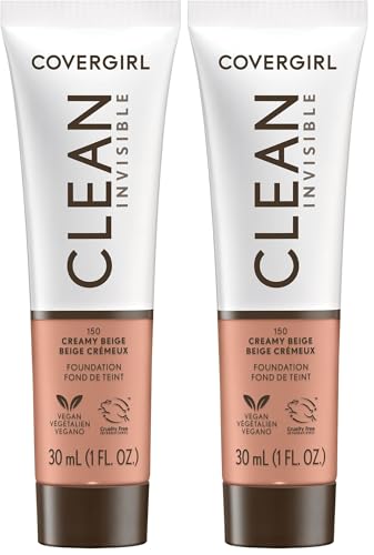 Image of COVERGIRL Clean Invisible Foundation Makeup, Dewy & Glowy Natural Finish, Buildable Coverage, Skin-Like Smooth Look, Vegan, Creamy Beige, 1oz (Pack of 2)