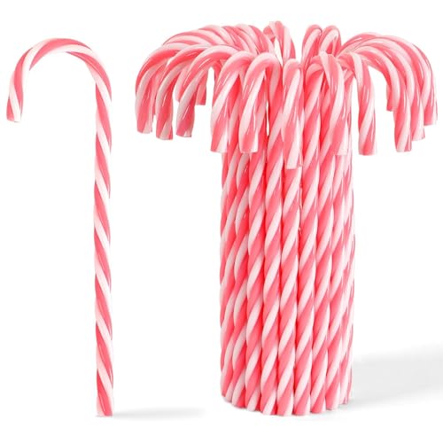 JUNEBRUSHS 50 Pcs Christmas Candy Cane 6 Inch Pink and White Candy Canes Plastic Peppermint Hanging Ornament Christmas Tree Candy Cane Ornaments for Xmas Gift Holiday Decor