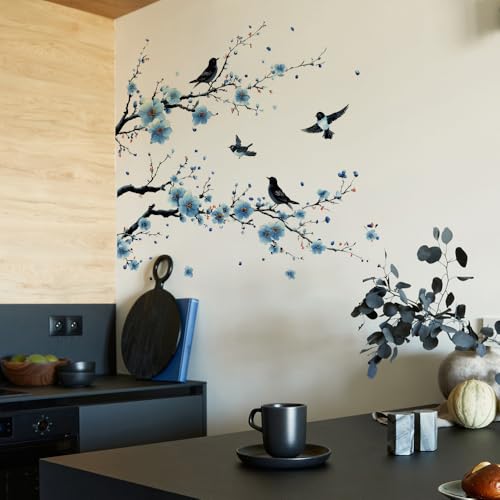 Mansoyun ウォールステッカー 梅の花と小鳥, 和風 墨絵風デザイン 青 梅の花 木の枝, はがせる壁紙シール, 青い花柄, リビング・寝室用 diy 防水 壁 シール room wall sticker decoration, 72×68cm [5]