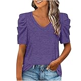 Masrin Tshirt Damen Lässige Einfarbige Oberteile Süßer Pullover mit Puffärmeln Sommer Tops mit V-Ausschnitt und kurzen Ärmeln Lockere Bequeme Tunika Bluse Basic Shirt Kurzarm T-Shirts Für Frauen