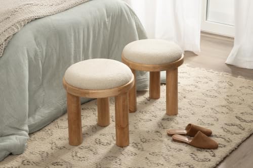 Kate and Laurel Zoda Round Upholstered Ottoman with Mango Wood Base, 16 x 16 x 18, Soft White and Natural Wood, Modern Boucle Living Room Ottoman Foot Rest for Apartment or Dorm Room Decor by Kate and Laurel - Used condition - Image 3