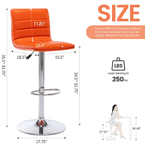 Vogue Furniture Direct Pu Leather Bar Stools, Modern Square Adjustable Swivel Barstools With Back, Armless Airlift Counter Height Bar Chairs For Kitchen Dining Set Of 2 (Orange) #TOP2