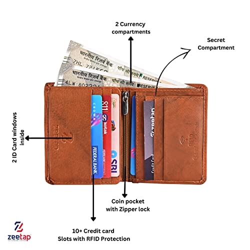 Image of Zeetap Genuine Leather Wallet for Men with RFID Protection, Bifold Notecase with 2 ID Windows Slim Wallet with 9 Card Slots (Antique Brass)