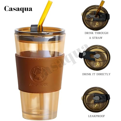 Image of Coffee Sipper Mug with Leather Sleeve, Clear Drinking Glasses Tumblers with Straws and Lids for Iced Tea, Juice, Cocktail, Smoothies Cold & Hot Drink Cups (450ML, Pack of 1, Brown)