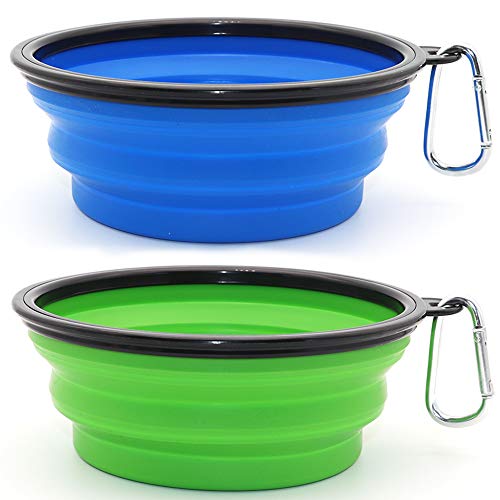 SLSON 2 Pièces Bol Pliant en Silicone pour Chien et Chat - Gamelle de Voyage Pliable (Bleu et Vert, Grand)