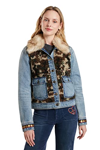 Blouson Desigual Wild Glam fausse fourrure camo denim bleu veste taille 38 style 21WWED02