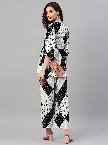 Image of DEEBACO Women's Patch Print Rayon Flared Tunic & Pants Co-Ord Set for Women V-Neck & 3 /4 Puff Sleeve Ladies Party Casual Wear Fashionable for Girls Relaxed Fit Cord Set (DBCOMR00000885 XS Multicolor)