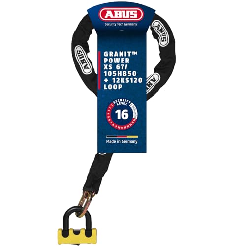 ABUS lock and chain combination - Granit Power XS 67/105HB50 + 12KS120 black loop - Motorbike lock with security level 16 - Yellow