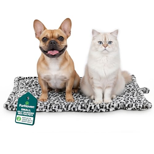 Furhaven ThermaNAP Self-Warming Cat Bed for Indoor Cats & Small Dogs, Washable & Reflects Body Heat - Quilted Faux Fur Reflective Bed Mat - Snow Leopard, Small