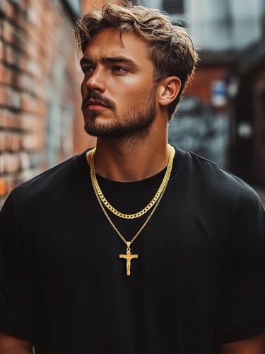 FaithHeart Cross Necklace for Men, Silver/Black/Gold Crucifix Necklace Stainless Steel Pendant with Cuban Chain Jesus Cross Necklaces Religious Gifts for Men2