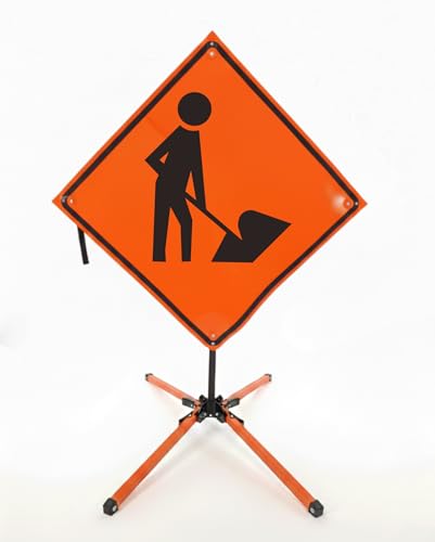 Traffic Roll-Up Sign Kit with Stand – Collapsible Safety Sign & Heavy-Duty Portable Stand, High Visibility, Easy Setup (Worker Symbol, Non-reflective)